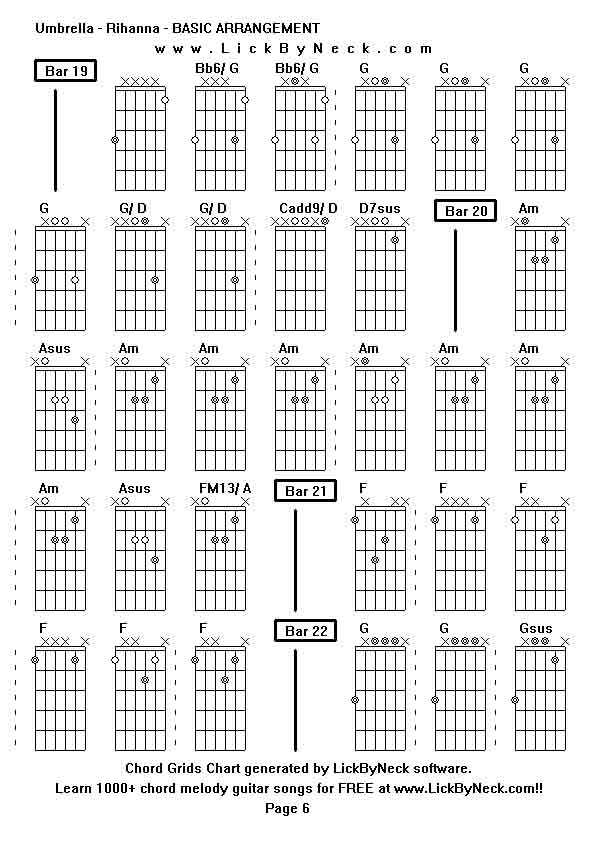 Chord Grids Chart of chord melody fingerstyle guitar song-Umbrella - Rihanna - BASIC ARRANGEMENT,generated by LickByNeck software.